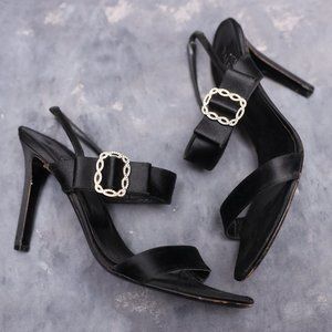 Valentino Satin Sandals Heels with Gold and Crystal Buckle